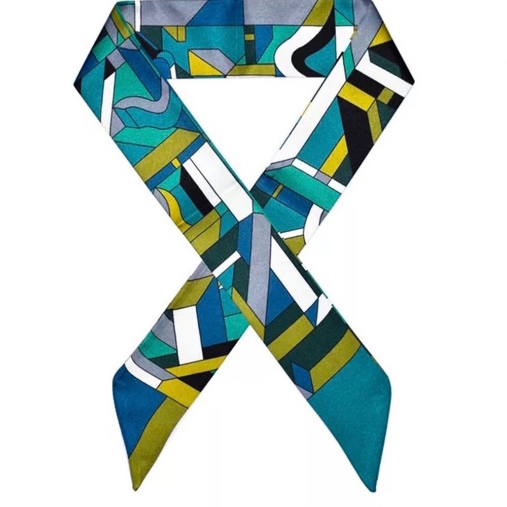 Silk Geometric Twilly Scarf Blue & Green